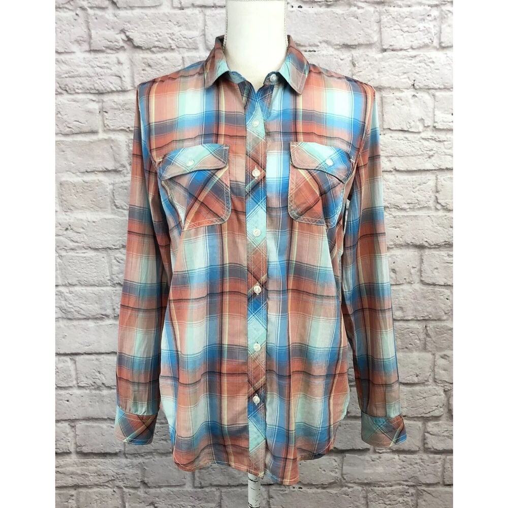 Treasure & Bond Size XS Blue Pink White Plaid Button Front Shirt